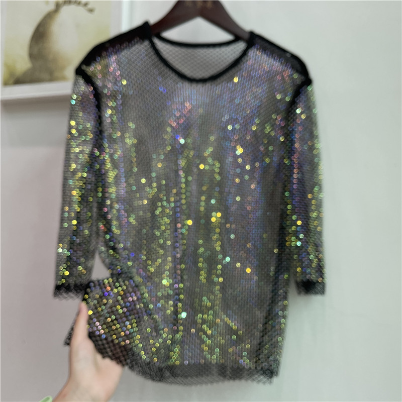 Crystal Mesh Fabric - ColorShiny Diamonds Elektrisch letterlijk Basic Shirt